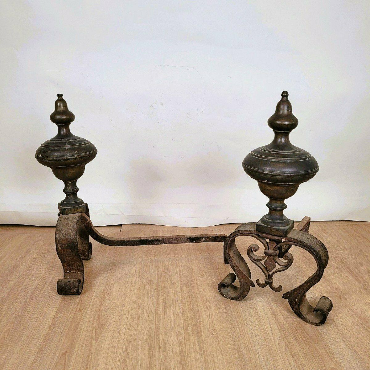 Pair Of Andirons In Bronze And Wrought Iron, 19th Century photo vinterior