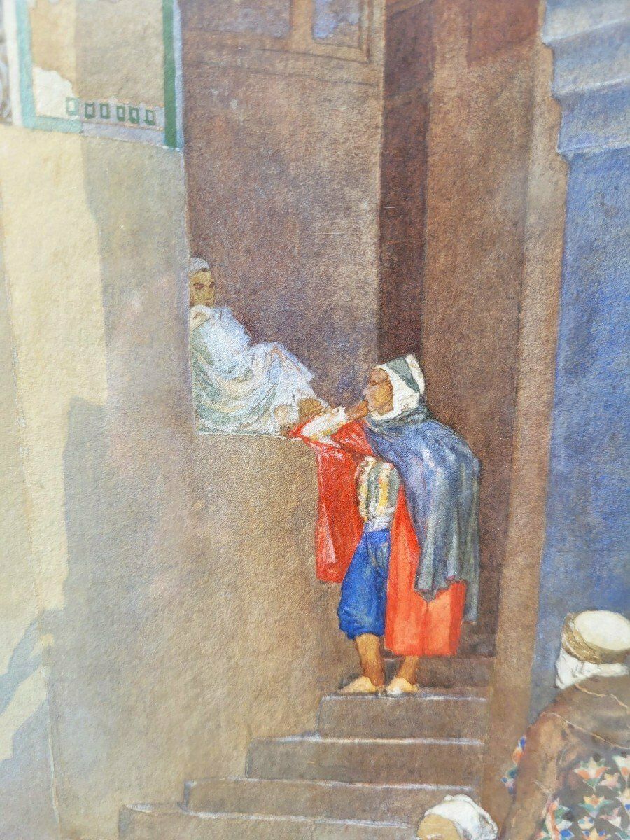 Lively Alley, Framed Orientalist Watercolor, Late 19th Century Early 20th Century photo 1100.0