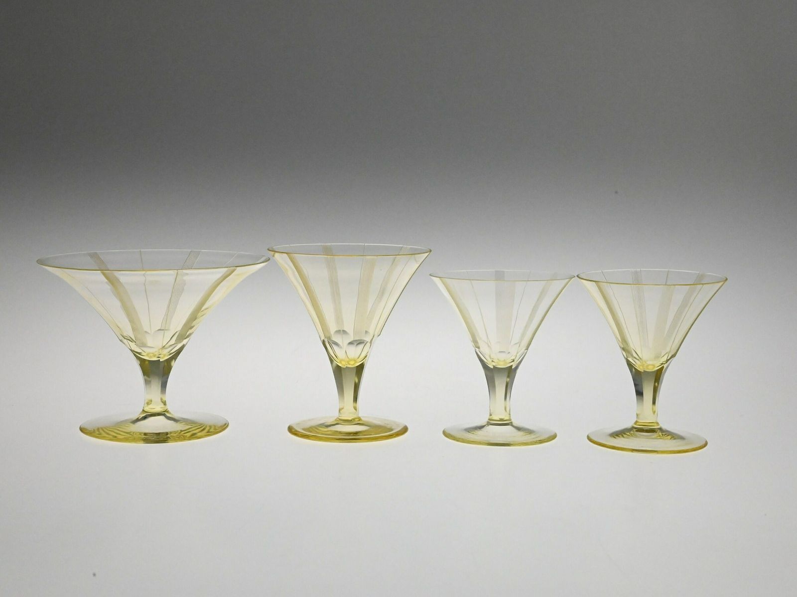 Antique Set Of Ten Yellow Art Deco Glassware, Liquer Glass Set, Art Deco Glass, Vintage Champagne Glasses, Vintage Glasses, Engraved Glasses photo furniture