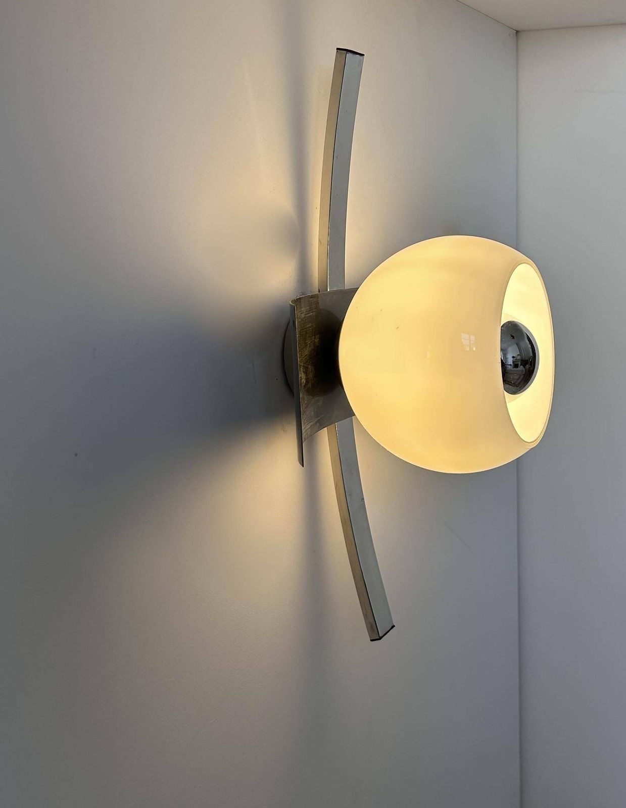 Vintage Wall Lamp, Brushed Chrome And Opaline Metal, France 1960s photo for sale