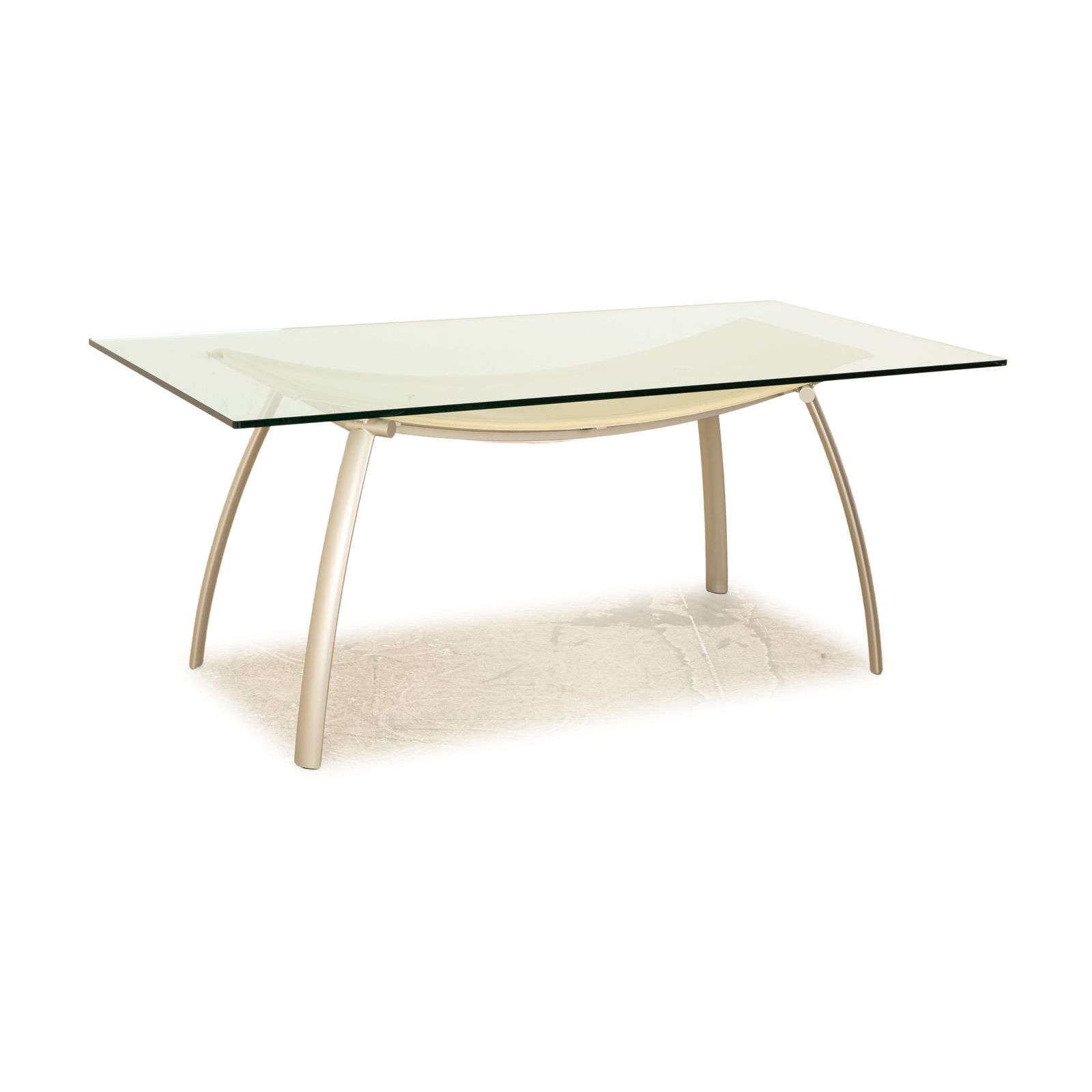 Table à manger Frag Glass, argent et cuir crème