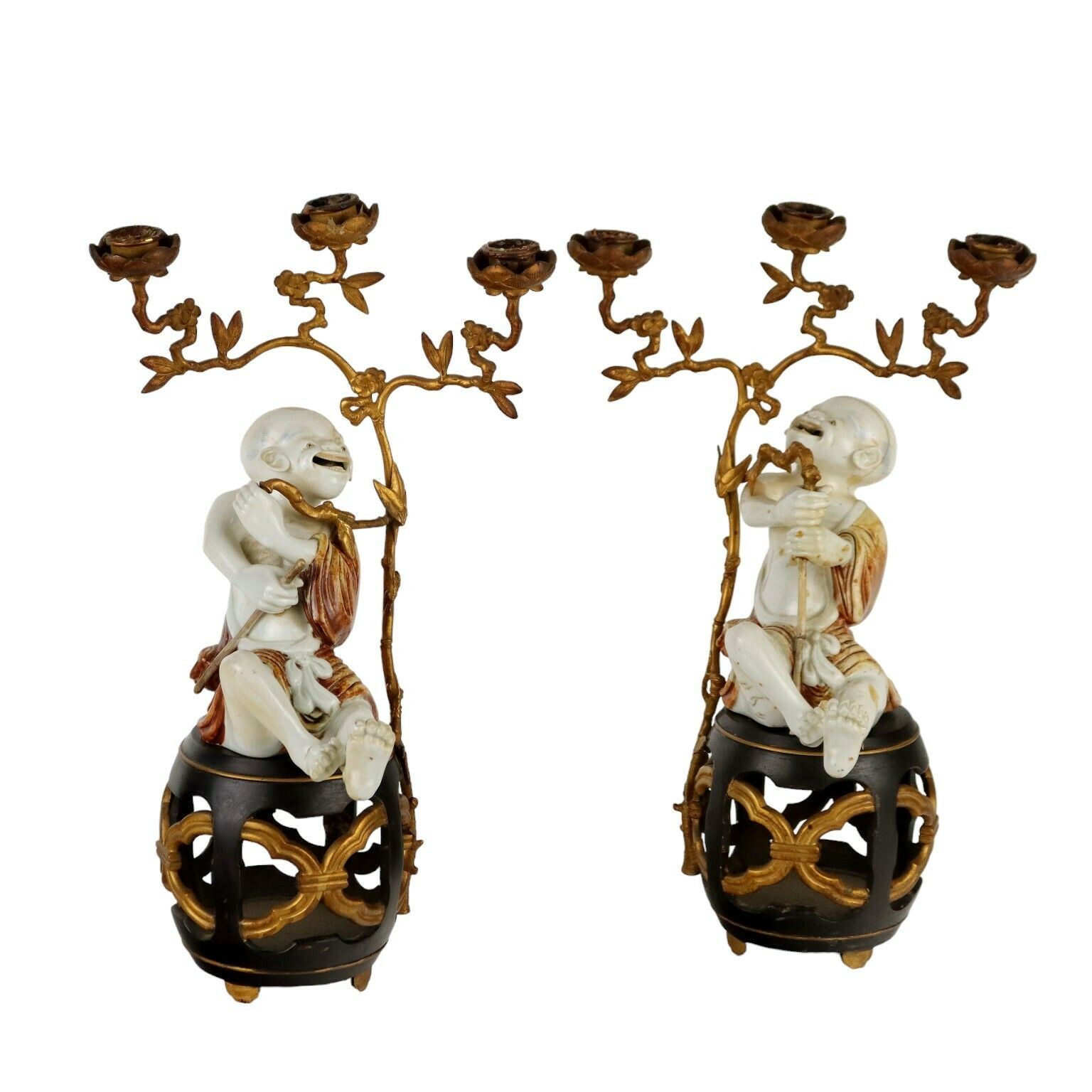 Pair Of Antique Candle Holders Bronze Japan XIX Century