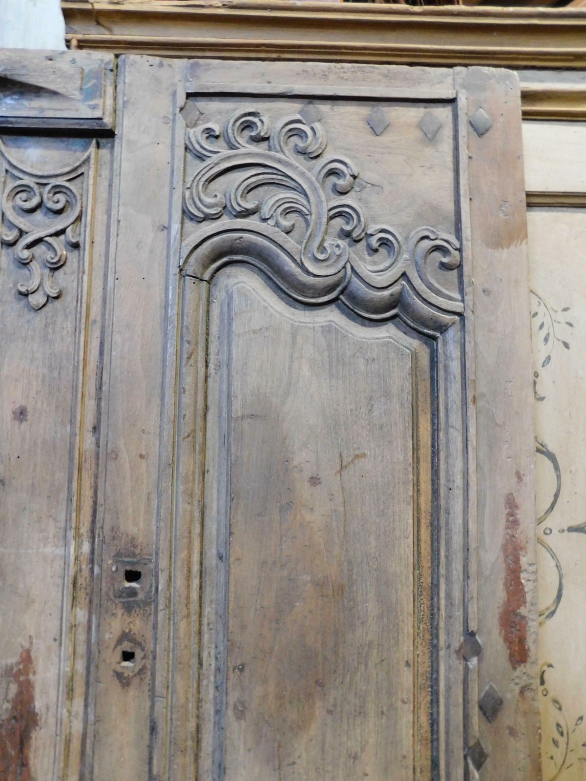Entrance Door, Double Hinged Doorway With Wavy Carved Panels, Oak, France photo vintage