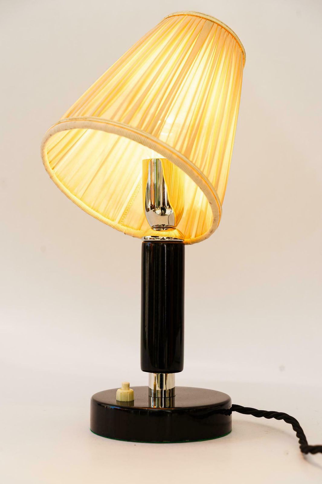 Art Deco Nickel Plated Wooden Table Lamp With Fabric Shade Around 1920s photo buy