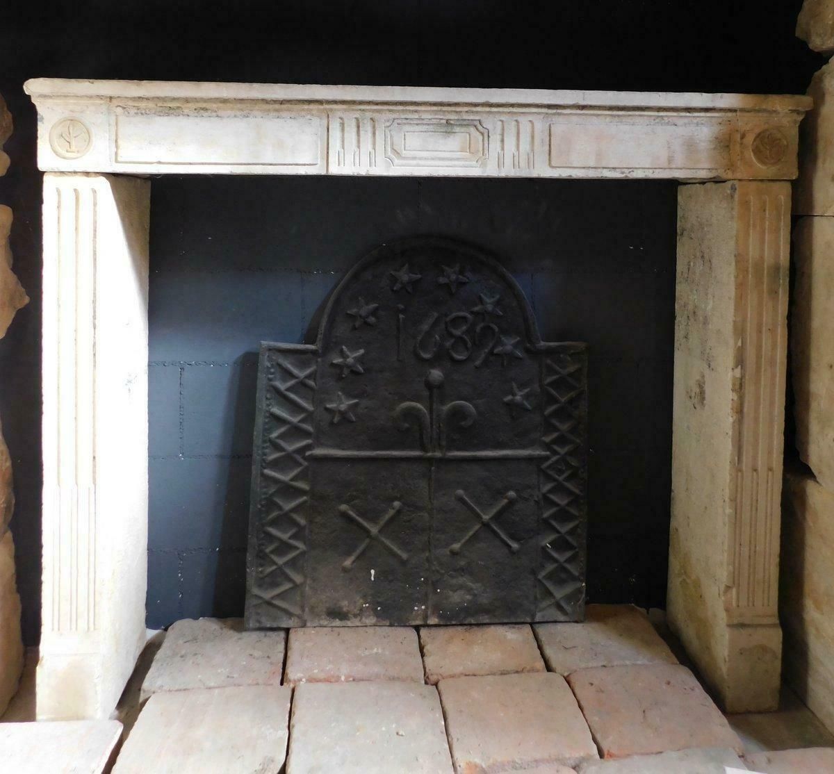 Old Carved Stone Fireplace Mantle, Small With Geometric Carvings, Italy photo furniture