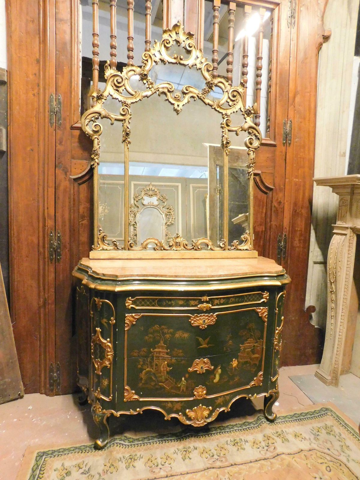 photo for sale Vintage Chest Of Drawers With Mirror, Gilded With Painted Chinoiserie, Italy