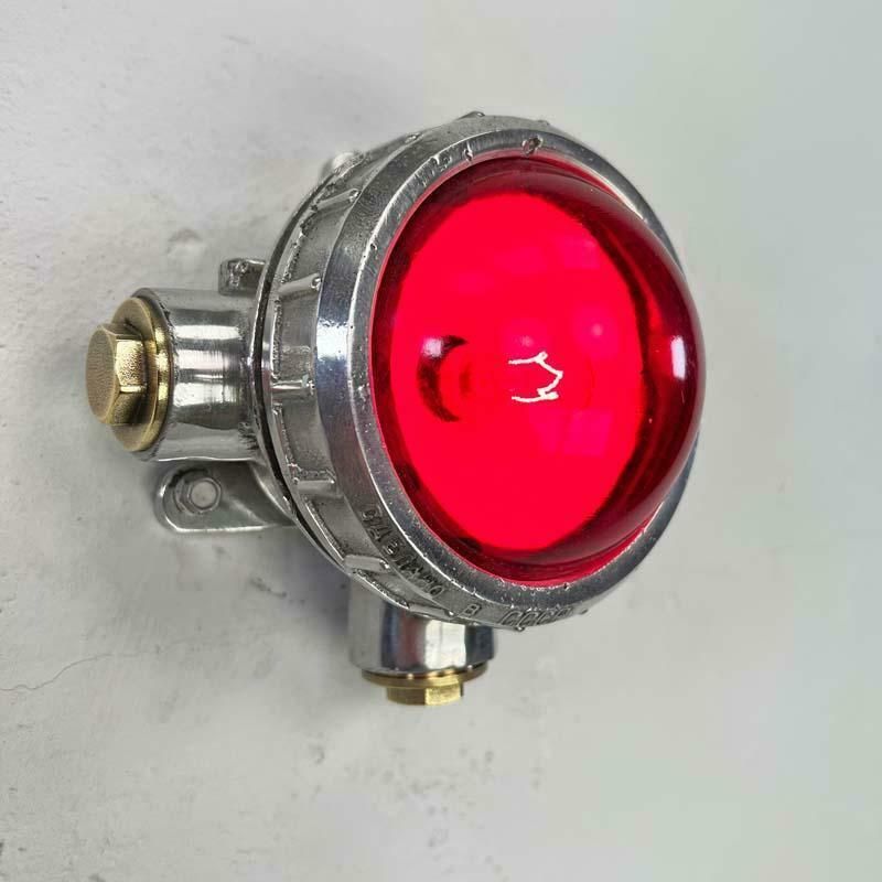 Late Century Vintage Industrial Spotlight   Red Glass