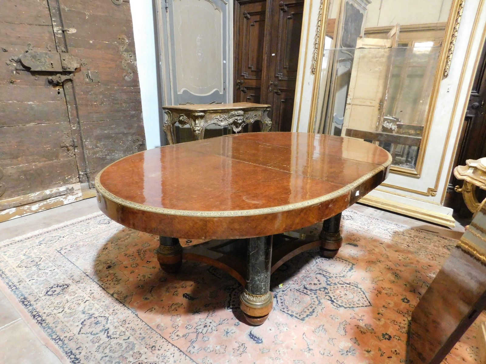 Oval Table In Inlaid Wood, Lacquered Legs In Imitation Verde Alpi Marble, Italy photo 4796.0
