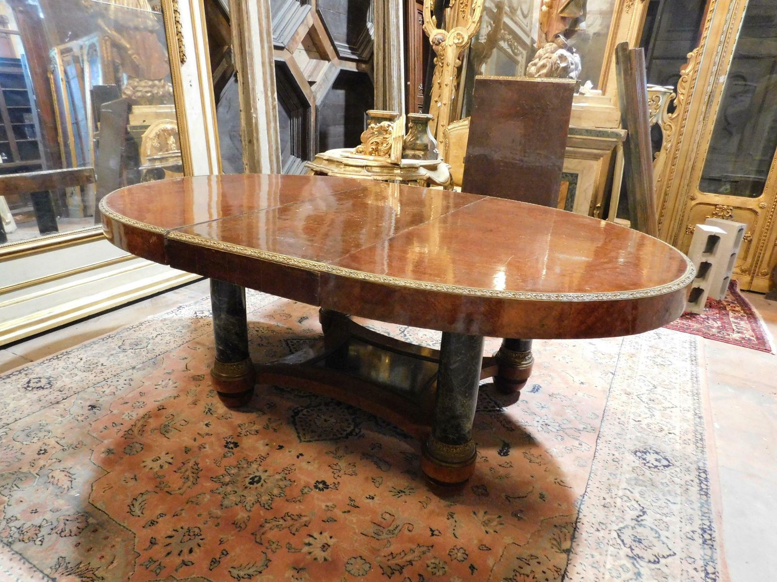 photo for sale Oval Table In Inlaid Wood, Lacquered Legs In Imitation Verde Alpi Marble, Italy