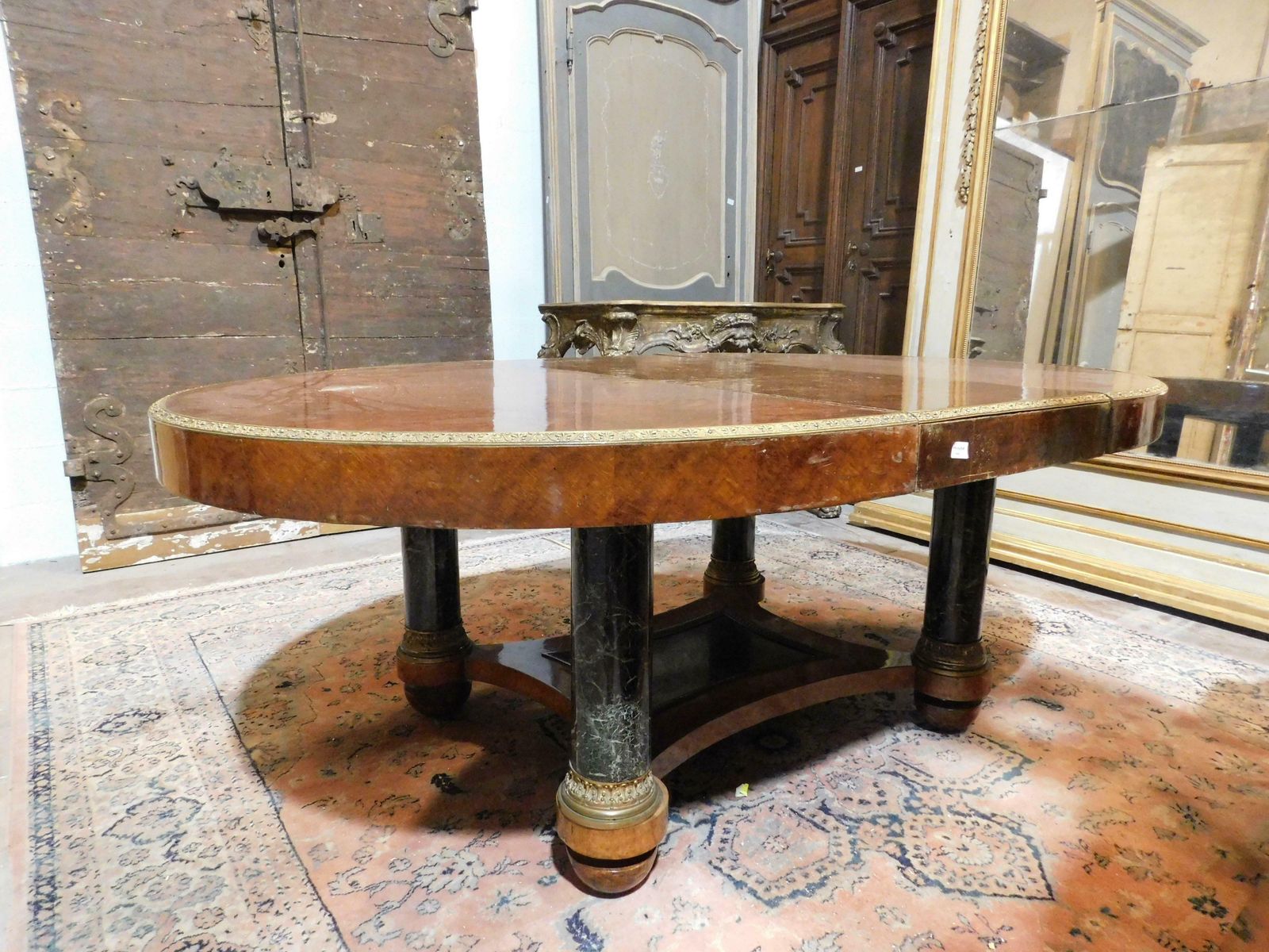 photo buy Oval Table In Inlaid Wood, Lacquered Legs In Imitation Verde Alpi Marble, Italy