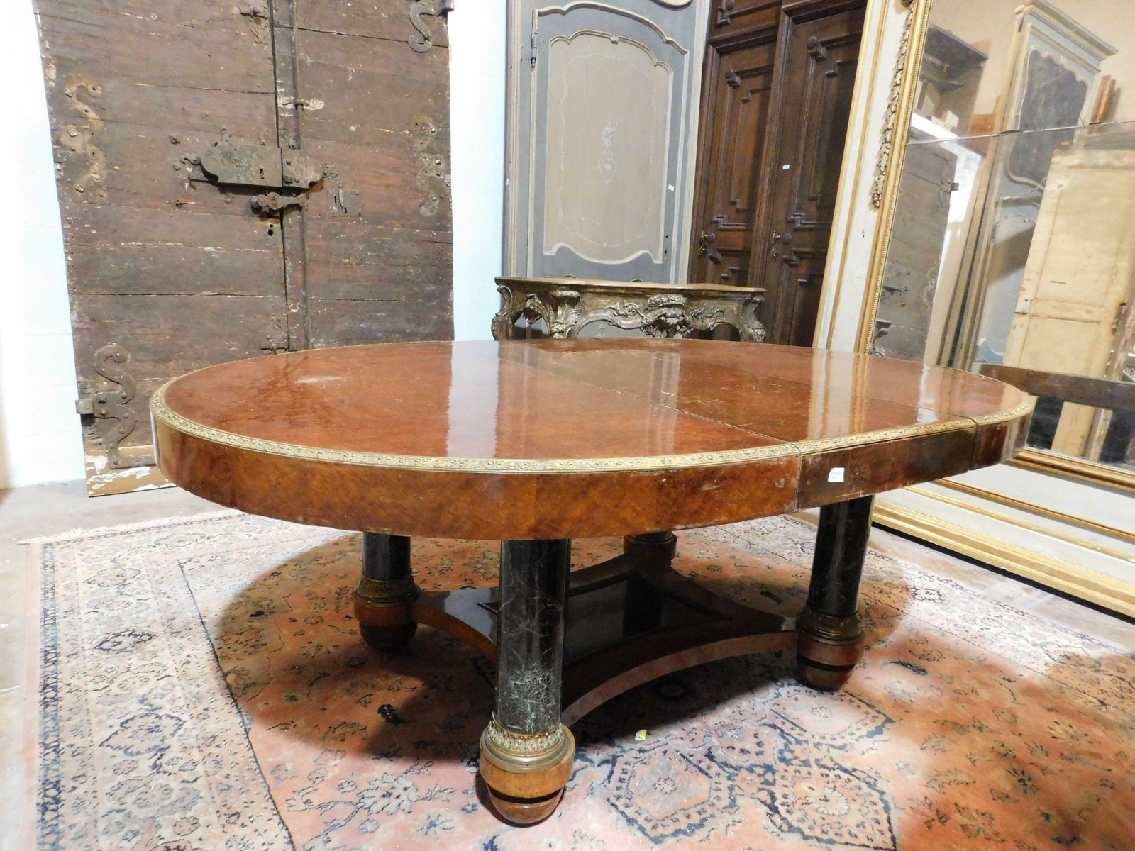 photo vintage Oval Table In Inlaid Wood, Lacquered Legs In Imitation Verde Alpi Marble, Italy