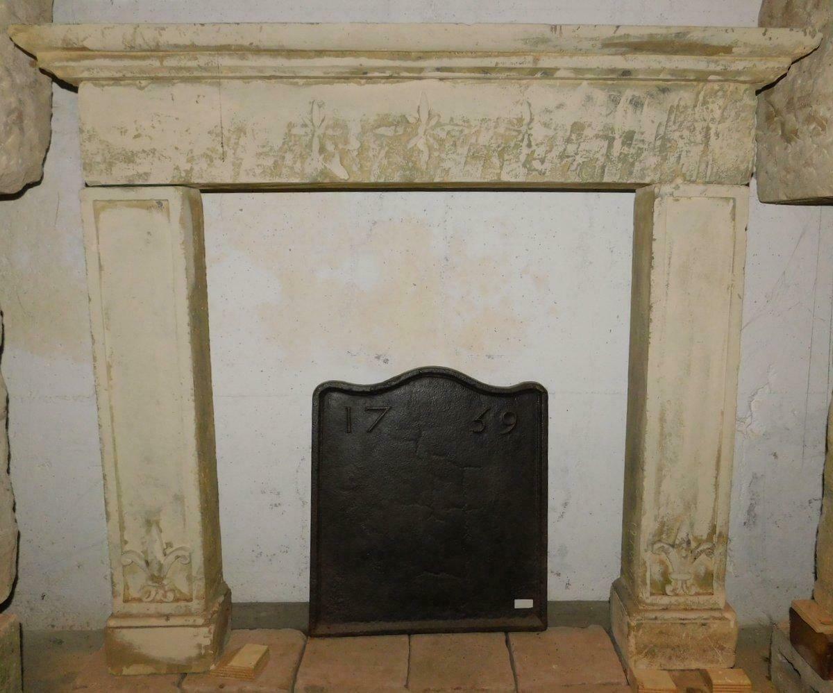Lecce Stone Fireplace Mantle, Carved Foliate Bas Reliefs, Italy