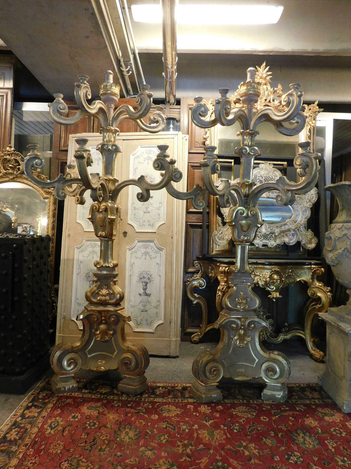 photo for sale Antique Pair Of Big Gilded And Carved Wooden Candlesticks, Florence (Italy)