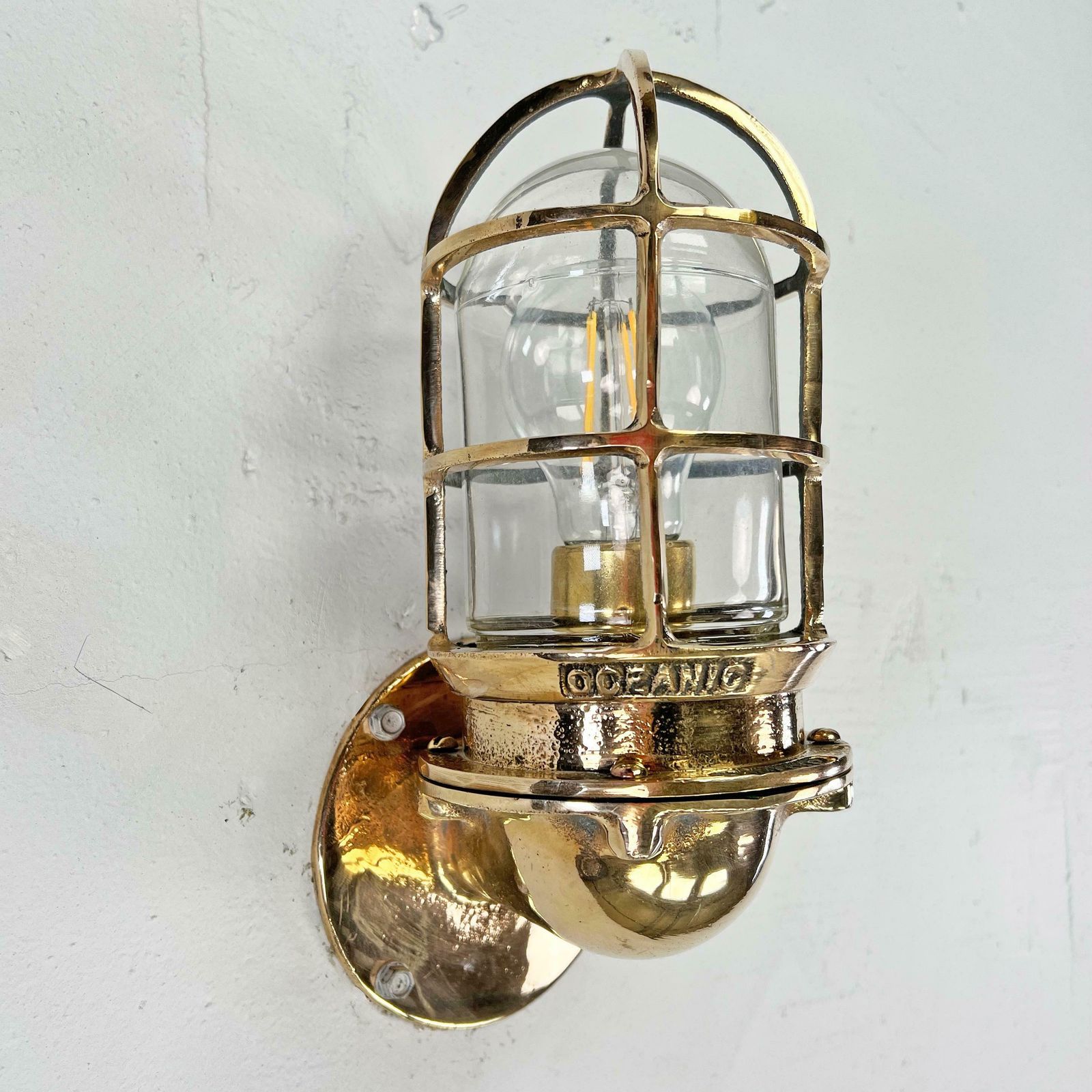 1960's American Cast Bronze & Glass Wall Sconce With Cage By Oceanic Ul photo Lighting