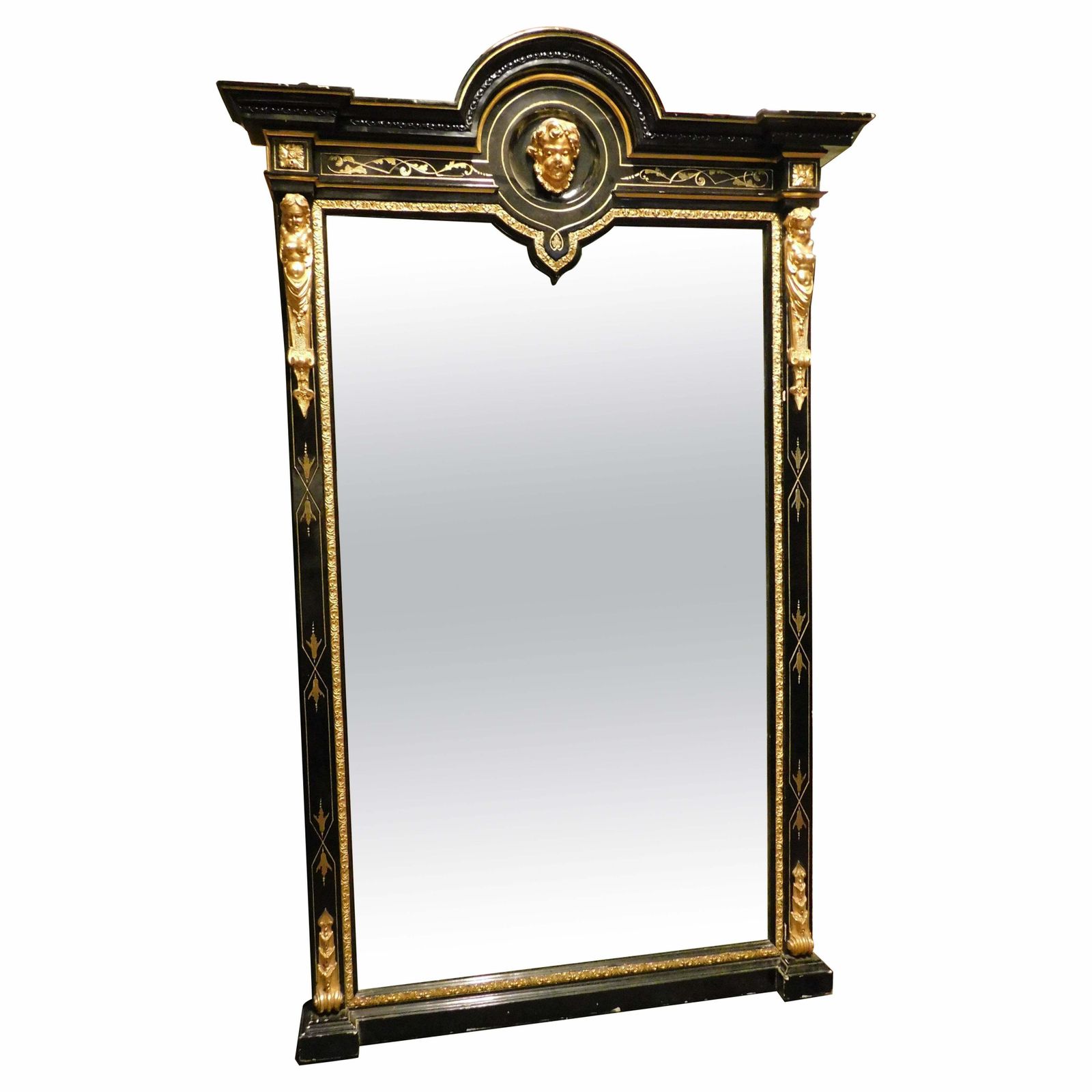 Mirror In Black Lacquered Wood, With Rich Golden Sculptures, Italy