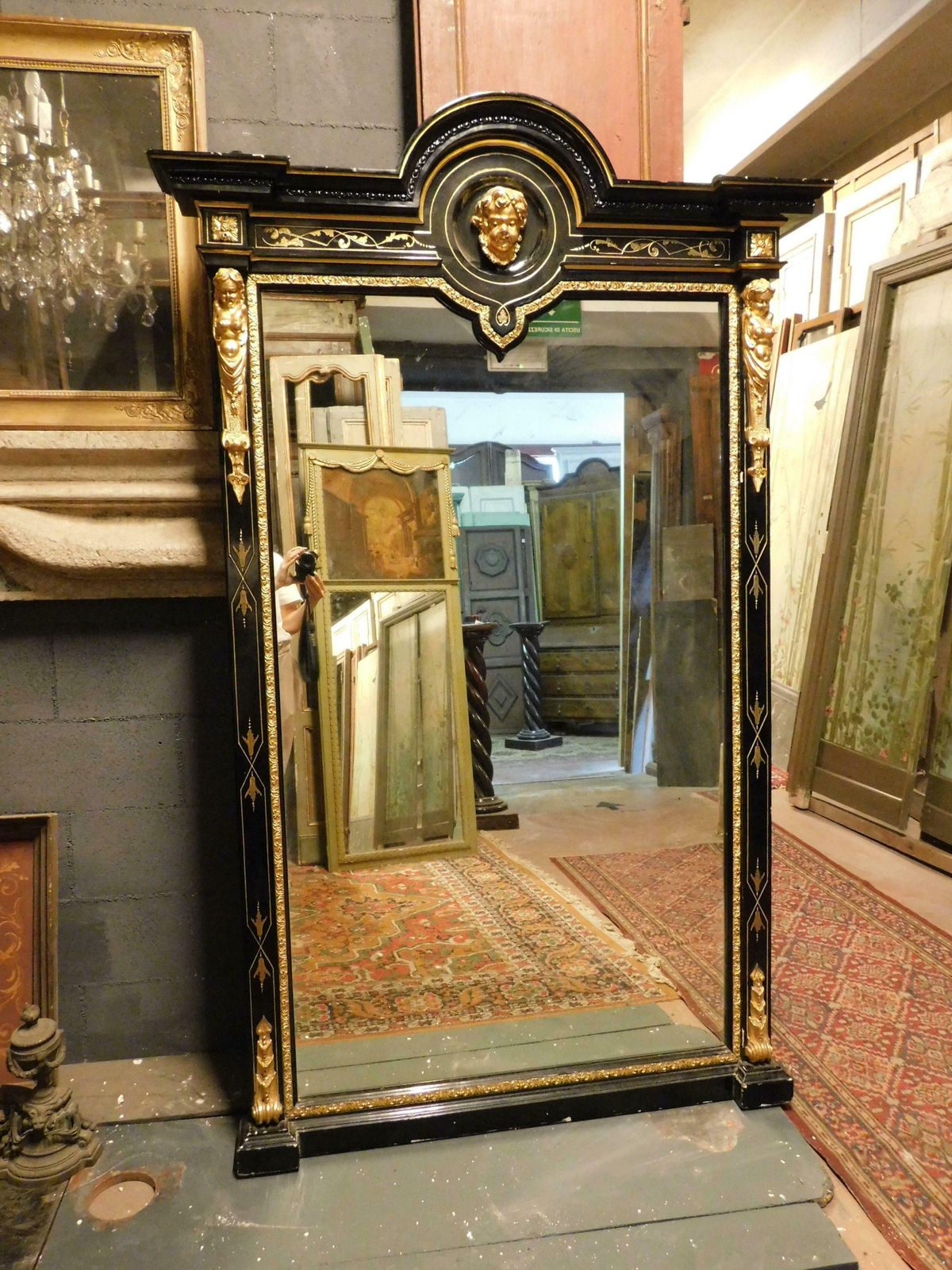 Mirror In Black Lacquered Wood, With Rich Golden Sculptures, Italy photo furniture