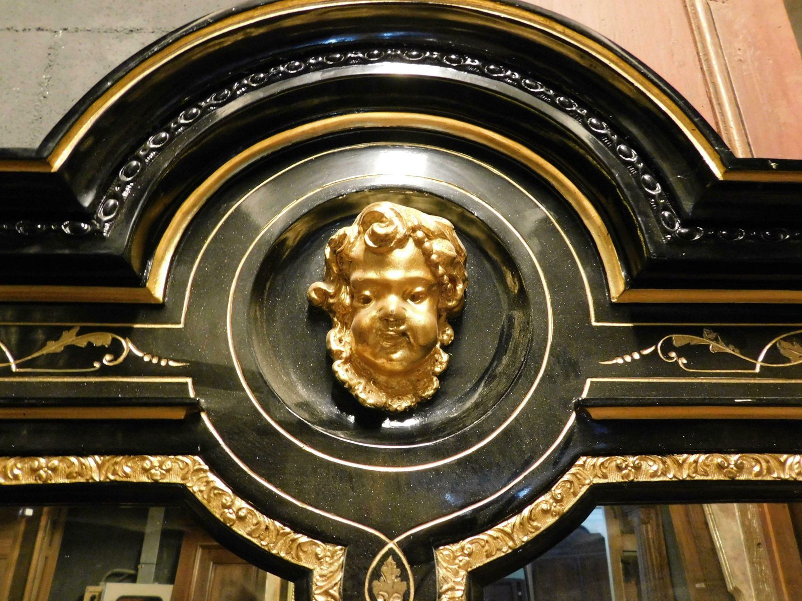 Mirror In Black Lacquered Wood, With Rich Golden Sculptures, Italy photo 3313.0