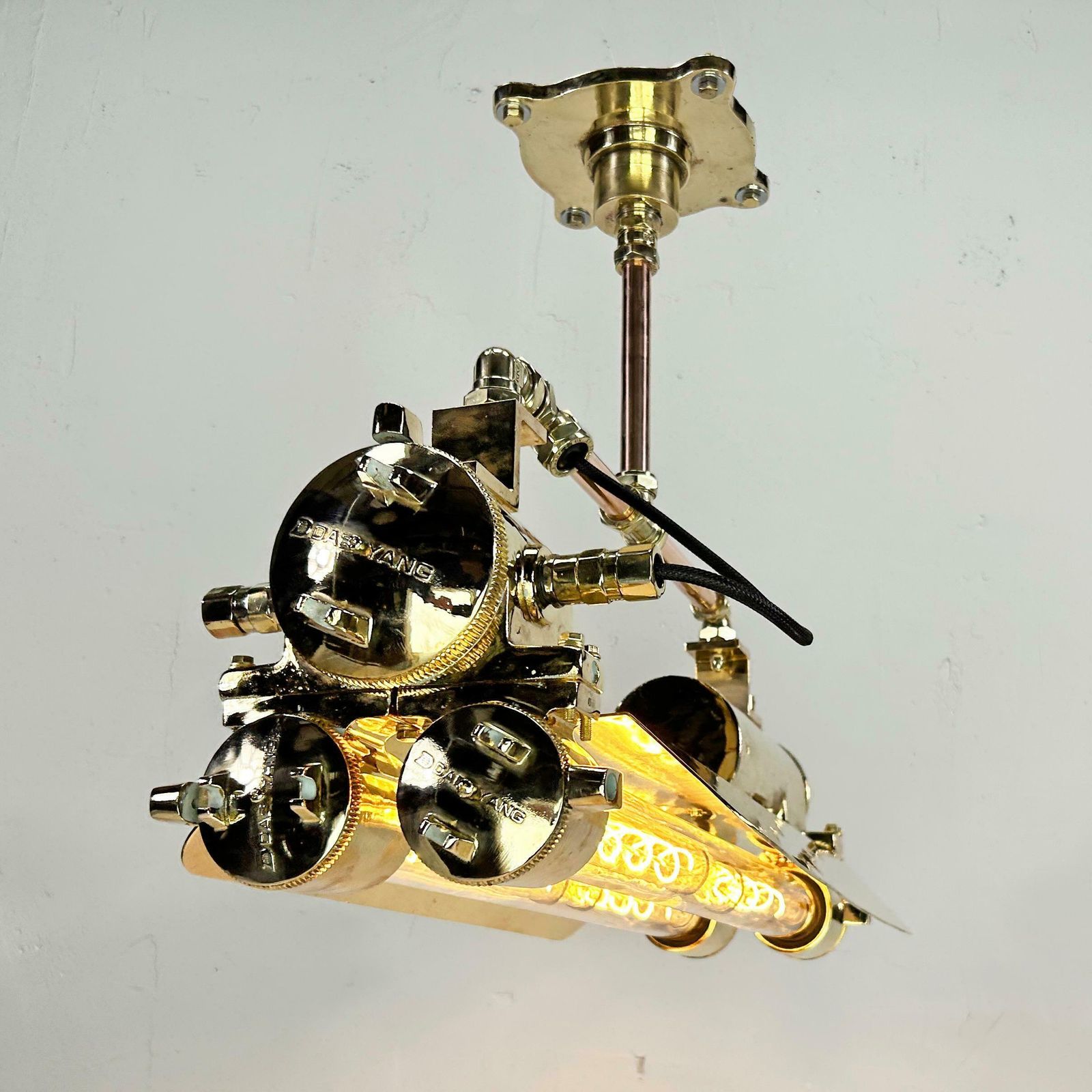 1970s Industrial Brass & Glass Flameproof Tube Light With Shades & Edison Lamps photo furniture