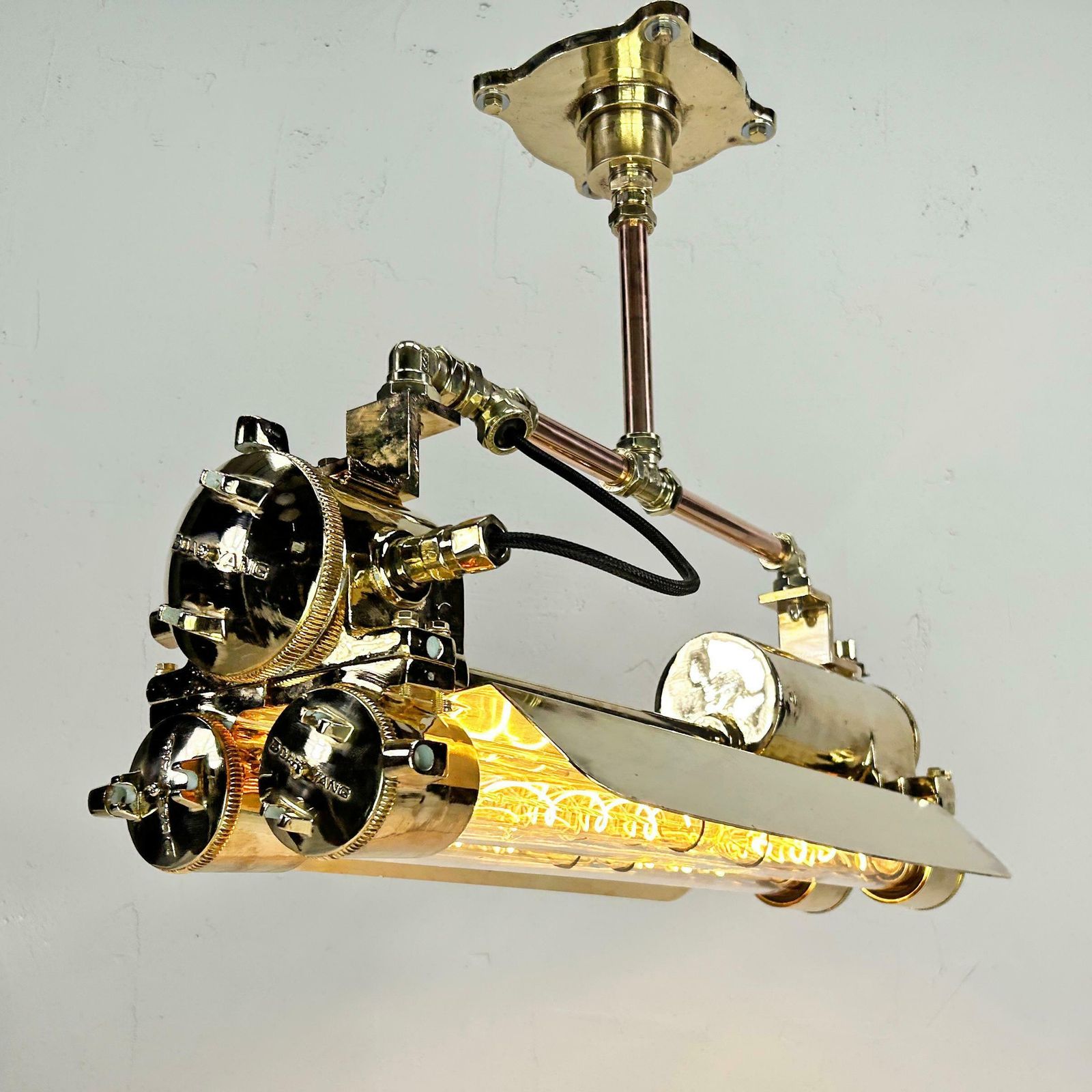 1970s Industrial Brass & Glass Flameproof Tube Light With Shades & Edison Lamps photo for sale