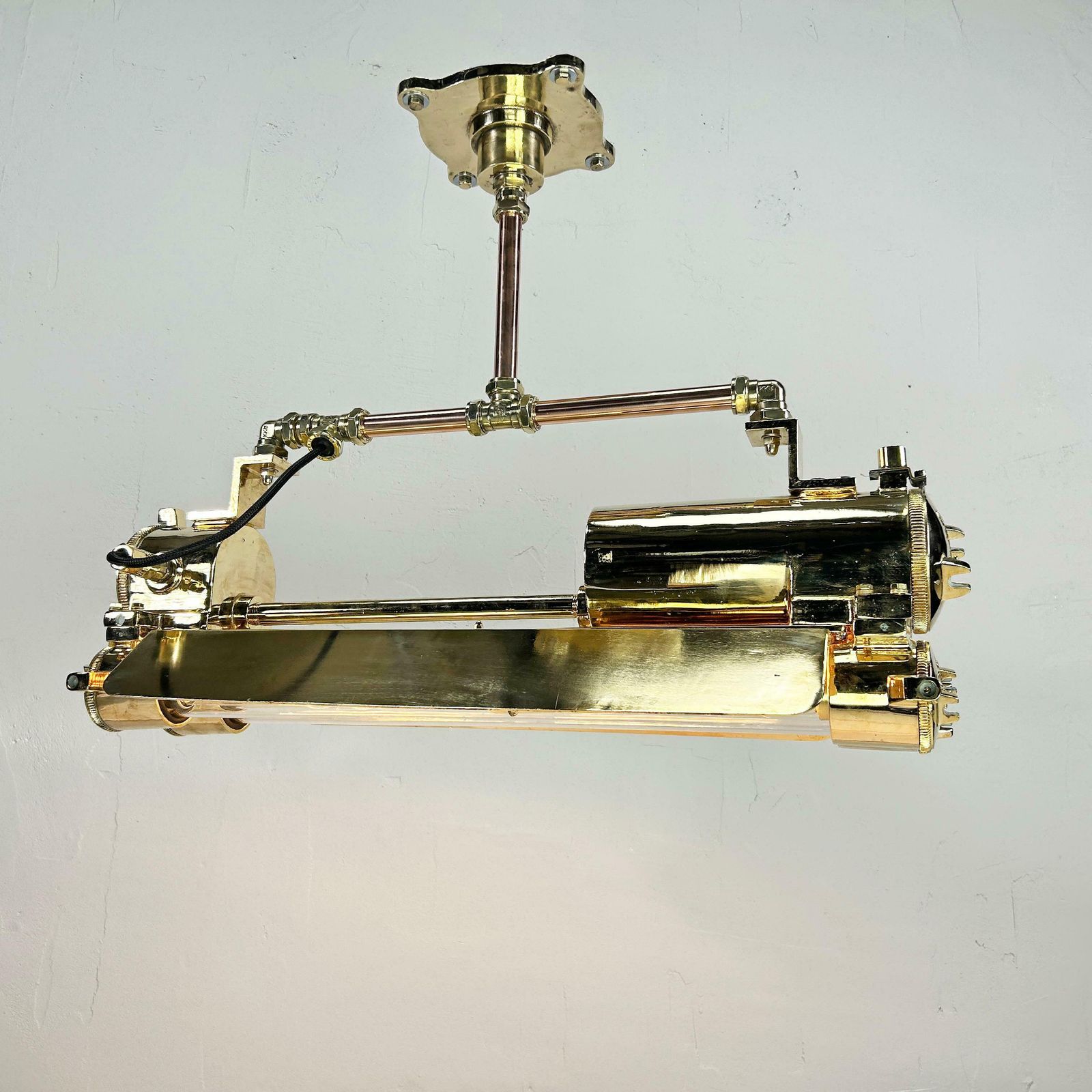 1970s Industrial Brass & Glass Flameproof Tube Light With Shades & Edison Lamps photo 1975.0