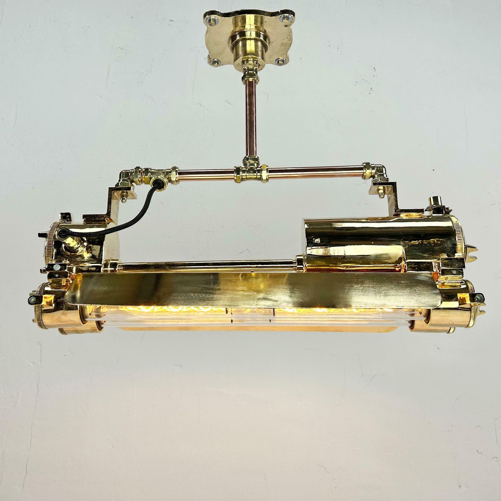 1970s Industrial Brass & Glass Flameproof Tube Light With Shades & Edison Lamps photo vinterior