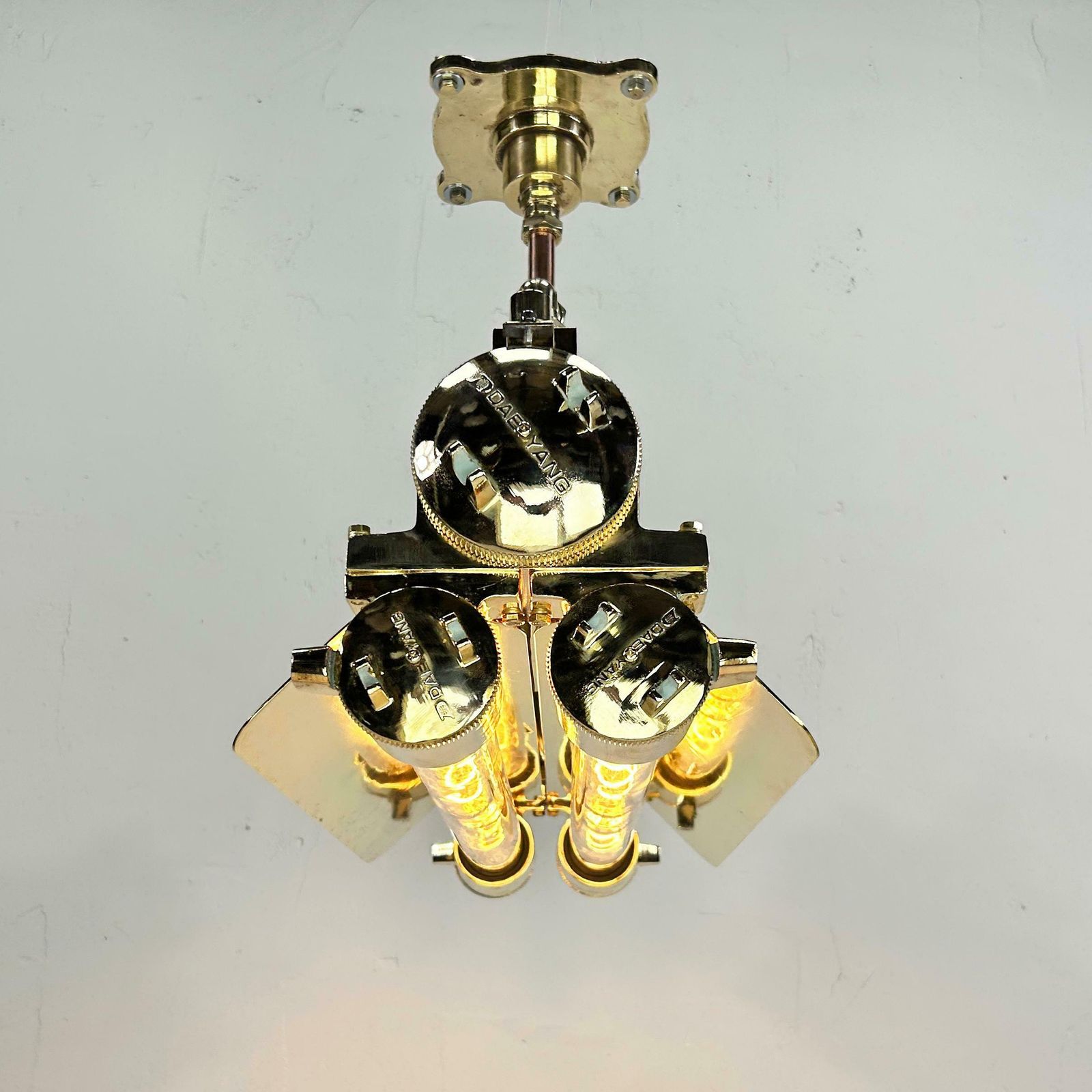 1970s Industrial Brass & Glass Flameproof Tube Light With Shades & Edison Lamps photo buy