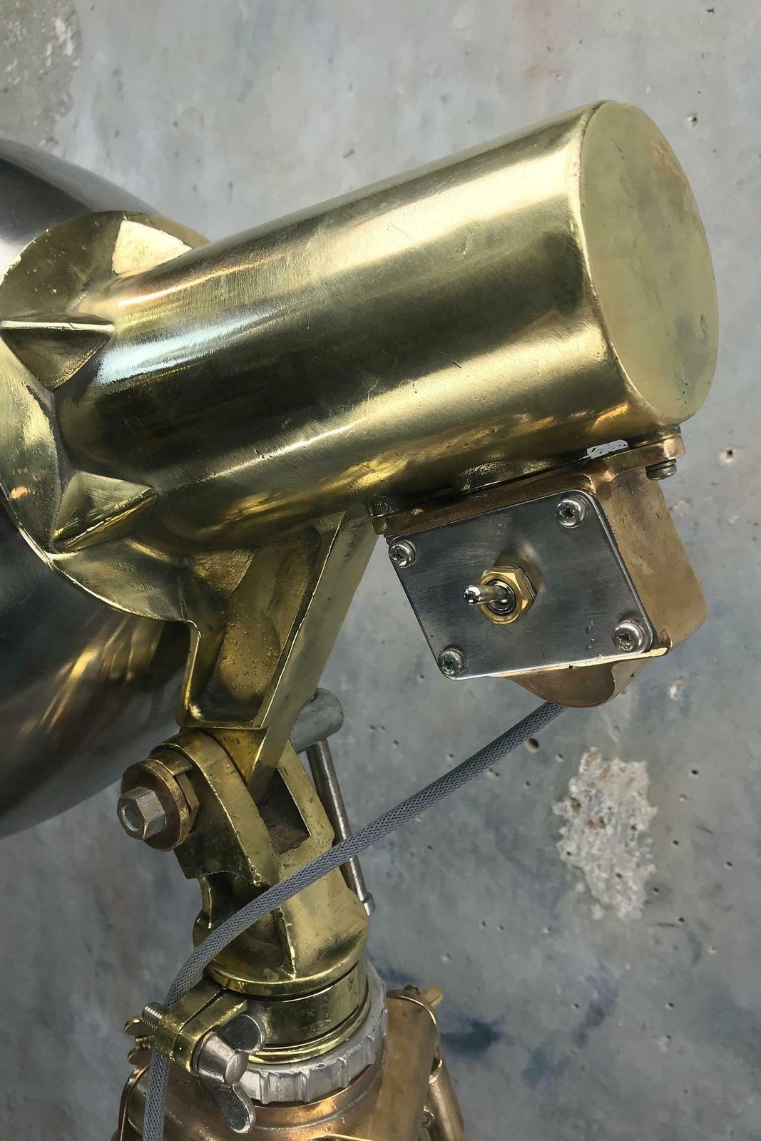 1970s Japanese Industrial Brass, Bronze And Stainless Steel Search Light Tripod photo 3250.0