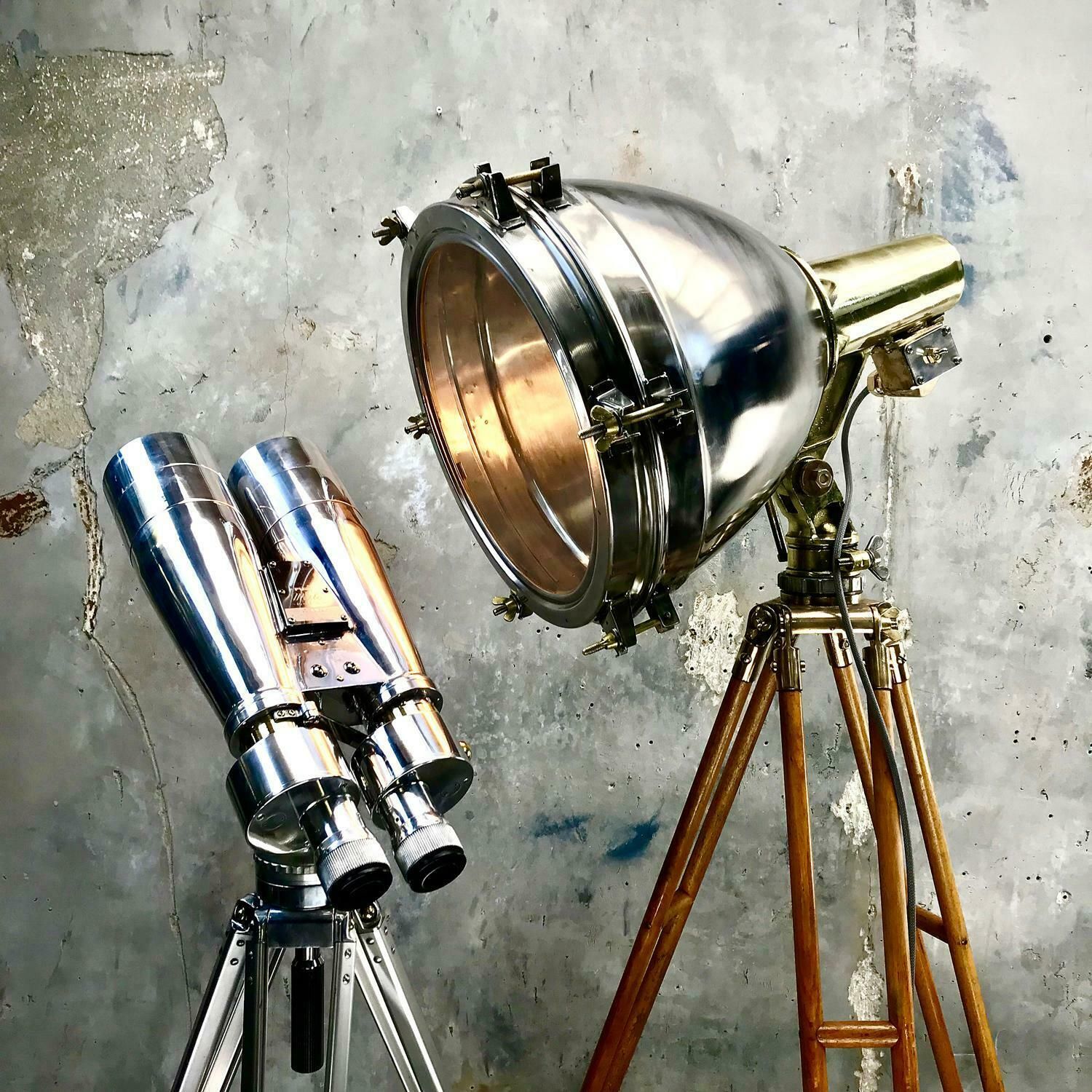 Lighting 1970s Japanese Industrial Brass, Bronze And Stainless Steel Search Light Tripod photo