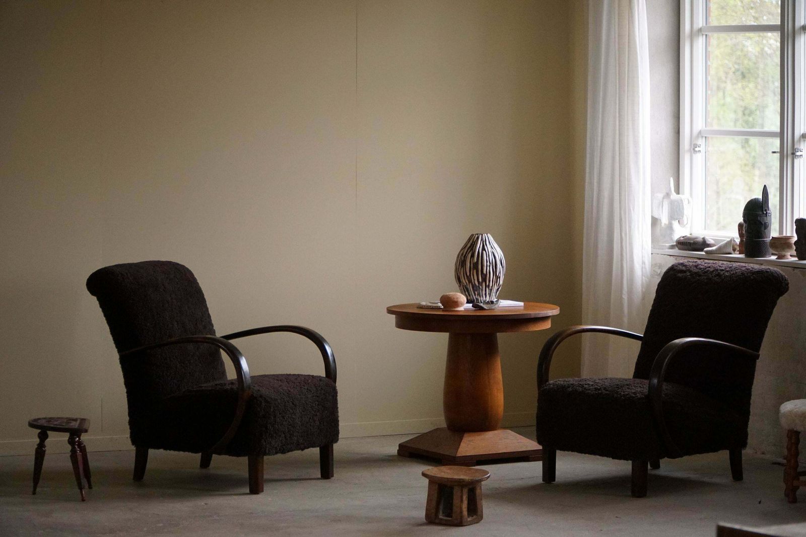 A Pair Of Danish Mid Century Modern Lounge Chairs In Beech & Lambswool, 1940s photo vintage