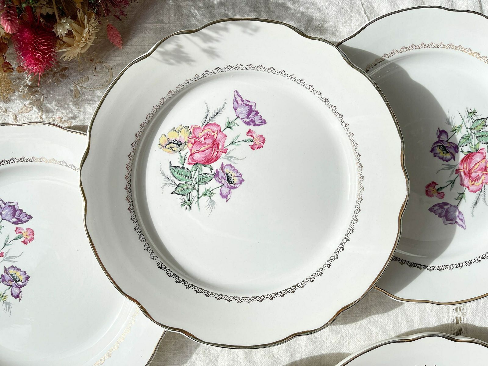 5 Digoin & Sarreguemines Porcelain Dinner Plates Rene Model Made In France 1950   Vintage French Tableware   Flower Plates photo for sale
