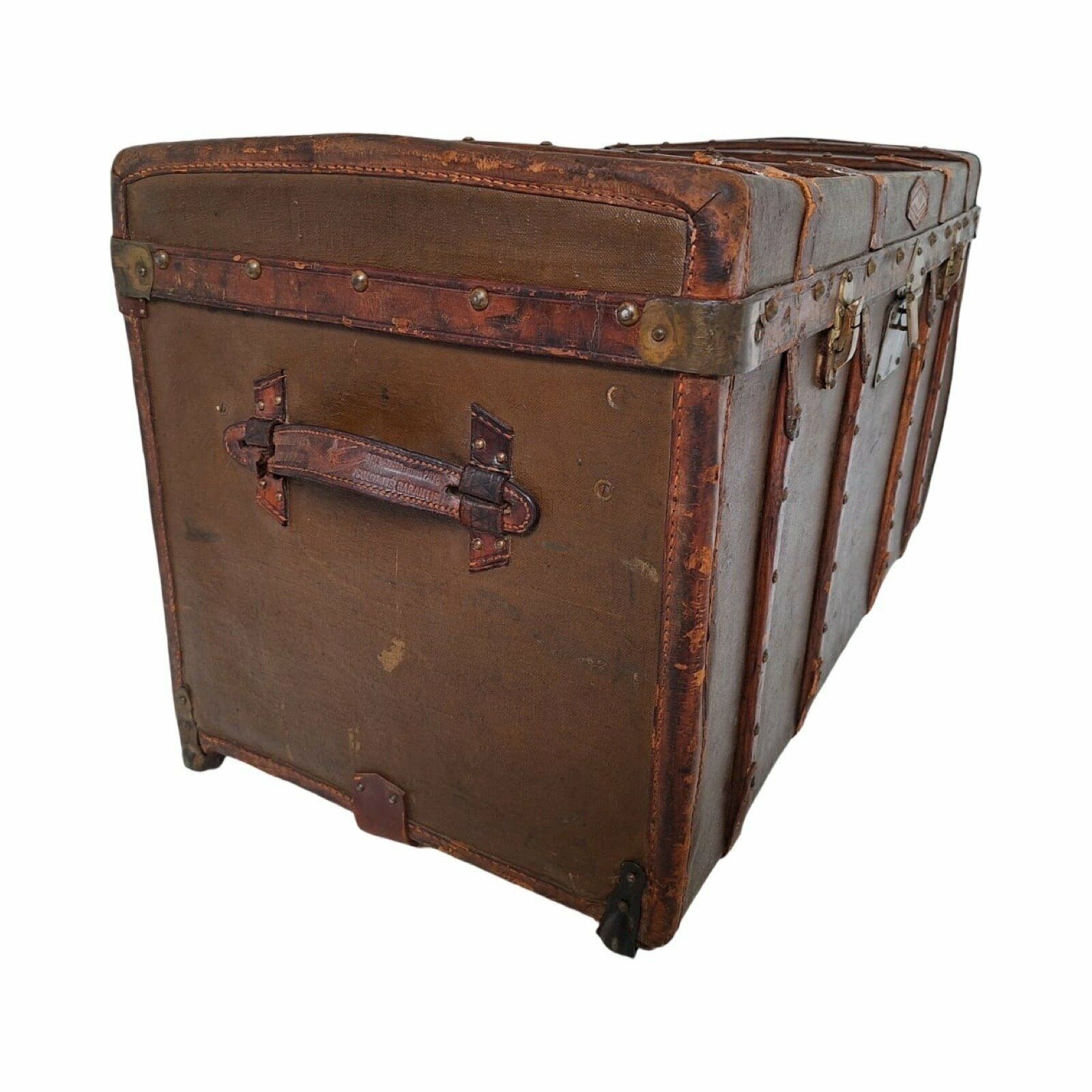 Les Hirondelles Bruxelles   Steamer Trunk With Compartments   Mounted On Wheels   Leather Handles, Wooden Frame And Brass Locks   Ca. 1910 photo for sale