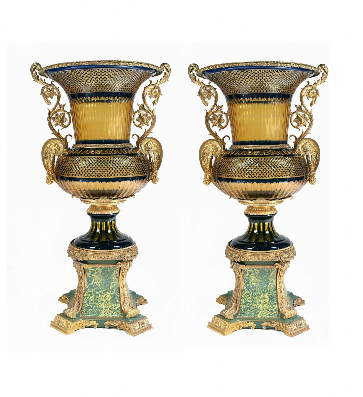 Pair Large Crystal Glass Urns French Empire Vases