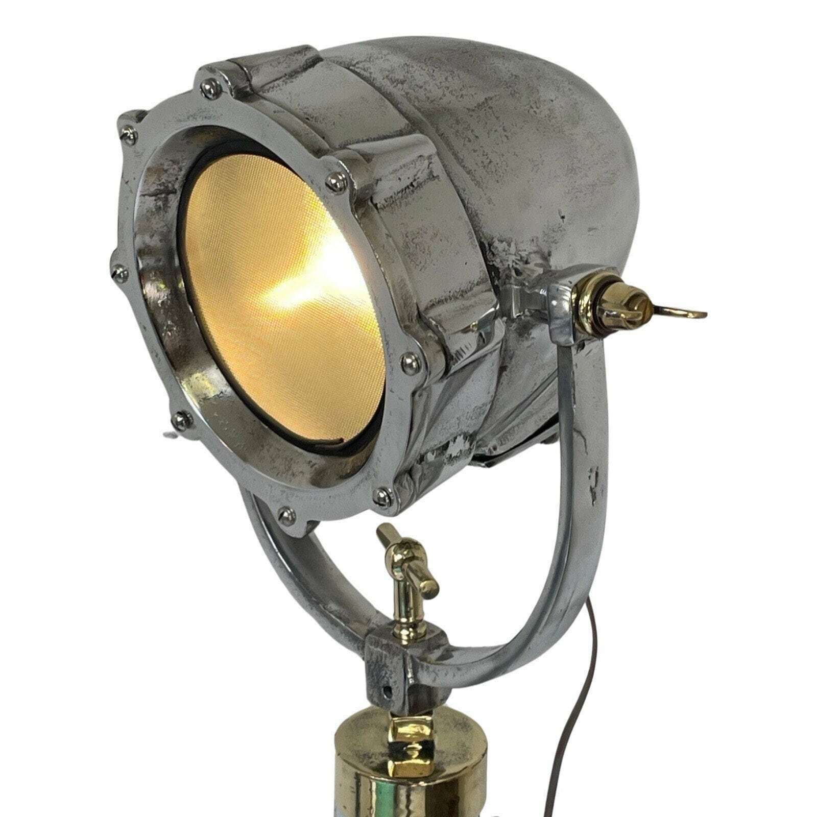 Antique Naval Searchlight Mounted On Brass Base   The Real Deal!   Fully Original And Rewired   Polished Metal photo vinterior