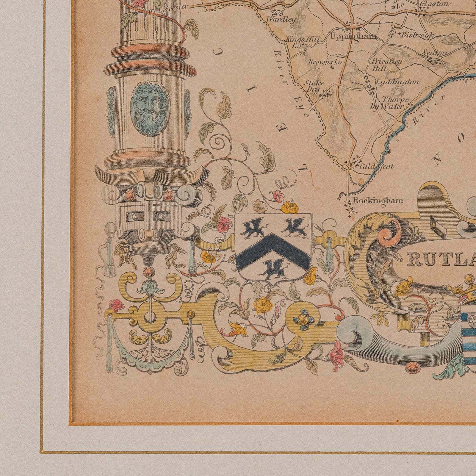 Art Antique County Map, Rutlandshire, English, Framed, Cartography, Victorian, 1860 photo