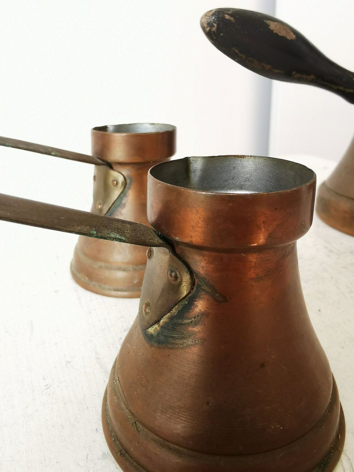 Set Of 3 Vintage Coffee Pots / 1970s Cooper Stove Top Coffee Makers / Turkish Or Bosnian Dzezva photo for sale