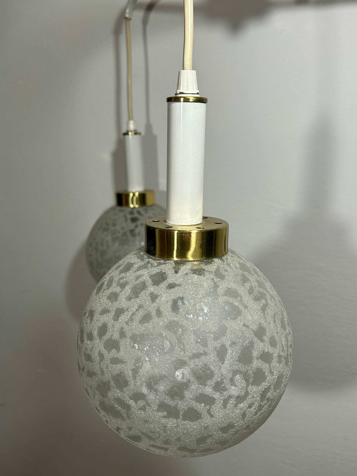 Vintage Pendant Lamp Glass Bowls / White Cascading Chandelier / Mid Century Modern 3 Light Bubble Globe Lamp photo for sale