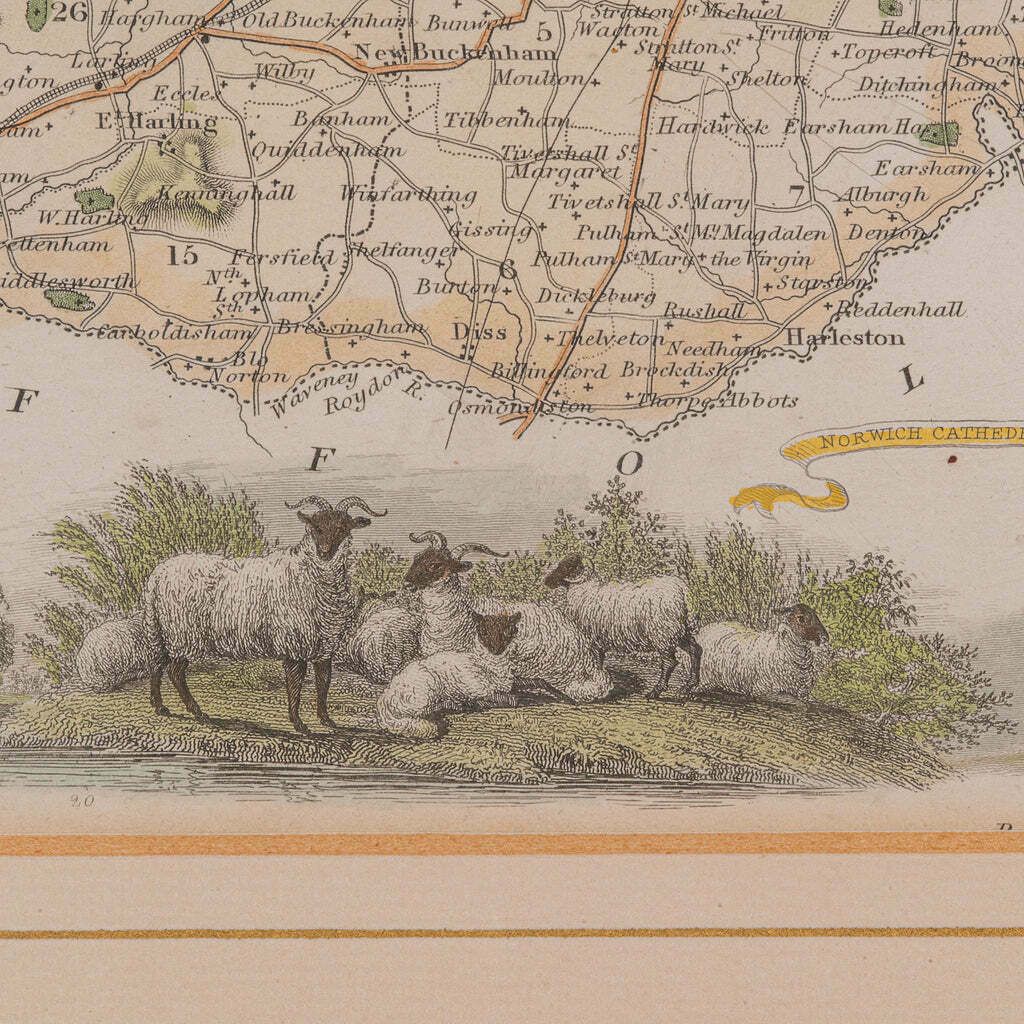 Art Antique County Map, Norfolk, English, Framed Lithography, Cartography, Victorian photo