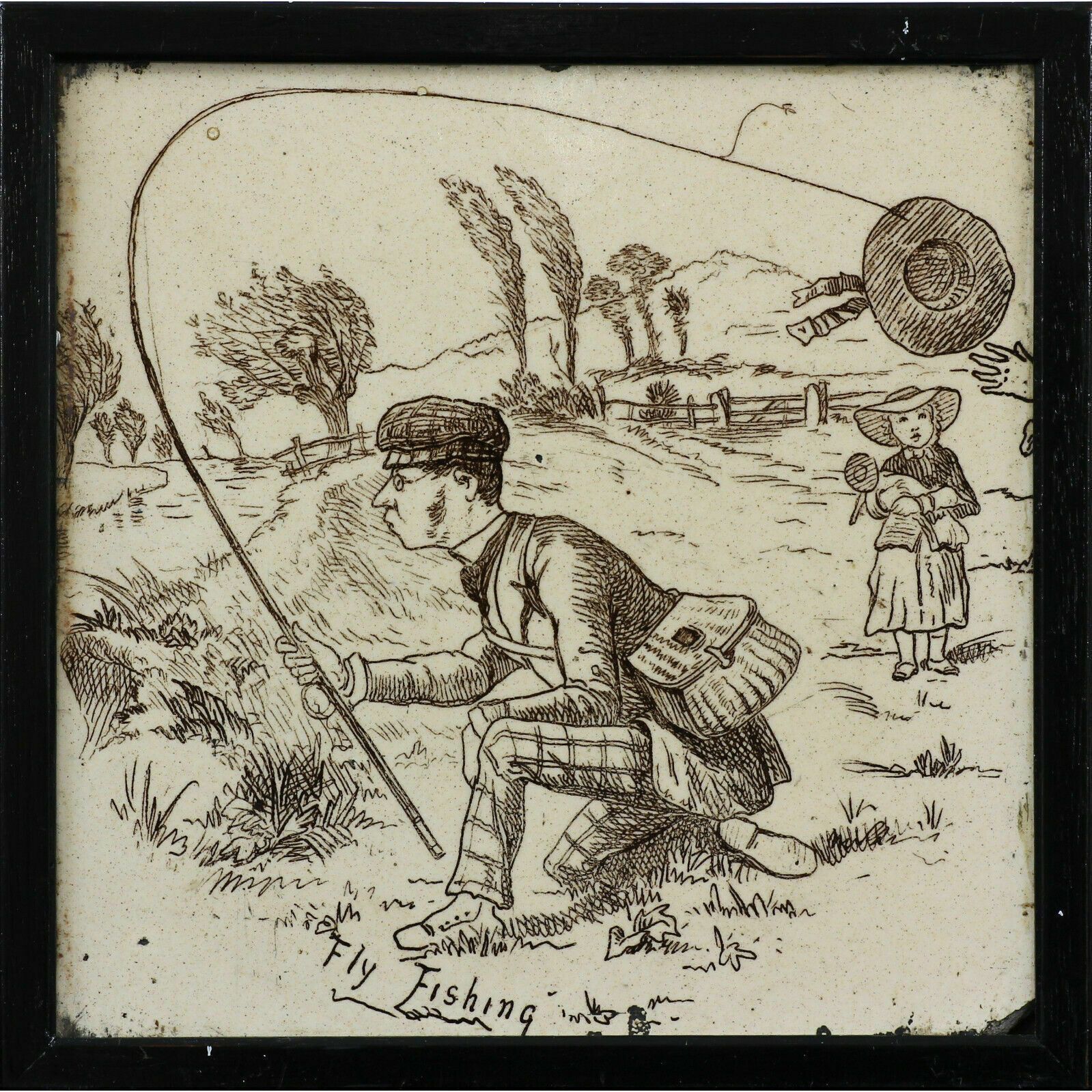 Wedgwood "An Eventful Day's Fishing" Series Antique Tile, Titled "Fly Fishing".