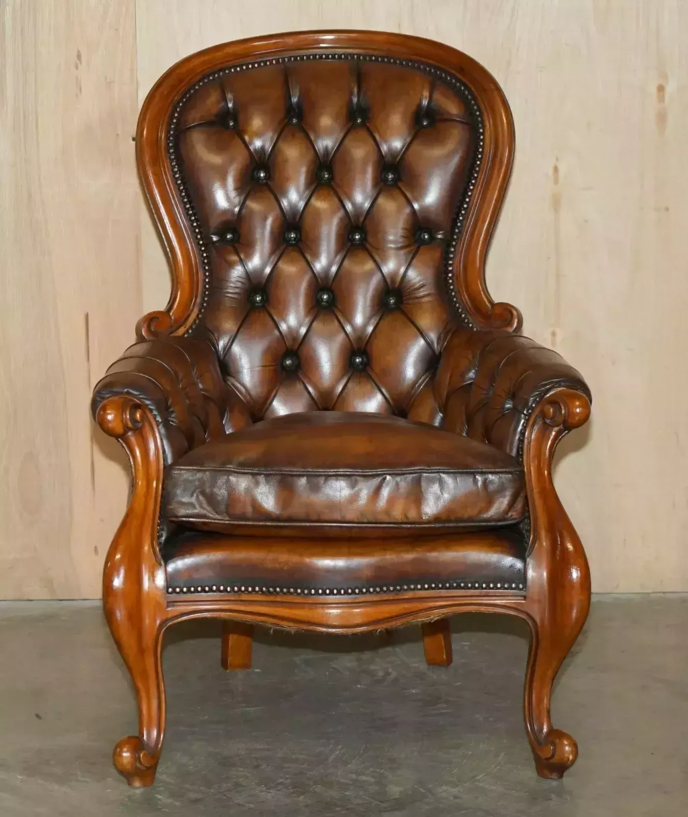 Pair Of Antique Show Framed Victorian Chesterfield Brown Leather Armchairs photo for sale
