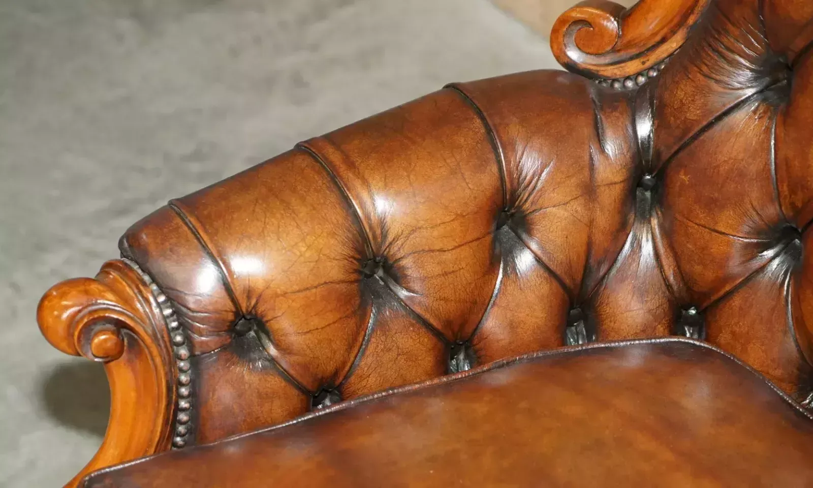 photo for sale Pair Of Antique Show Framed Victorian Chesterfield Brown Leather Armchairs