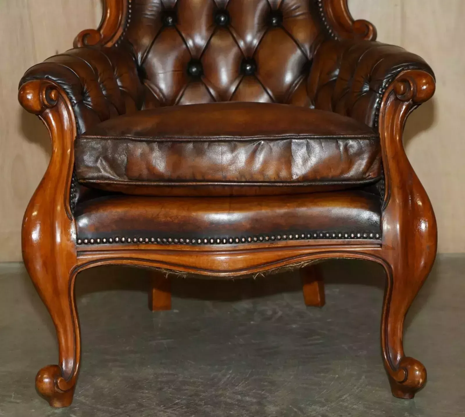 Furniture Pair Of Antique Show Framed Victorian Chesterfield Brown Leather Armchairs photo