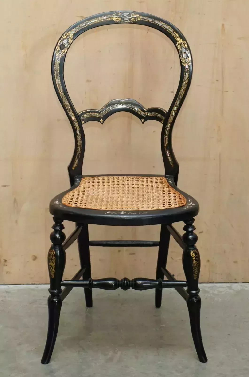 Four Fine And Antique Regency Bergere Mother Of Pearl Ebonised Side Chairs photo for sale