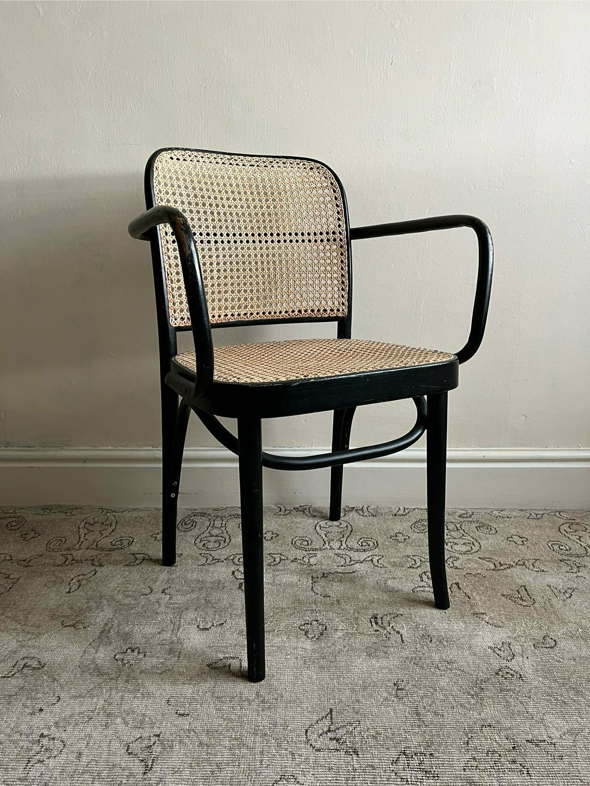 Josef Frank Prague 811 Side Dining Chair For Thonet In Black Lacquered Bentwood With Cane Seat Panel, Pair Of Vintage Prague Chairs Available