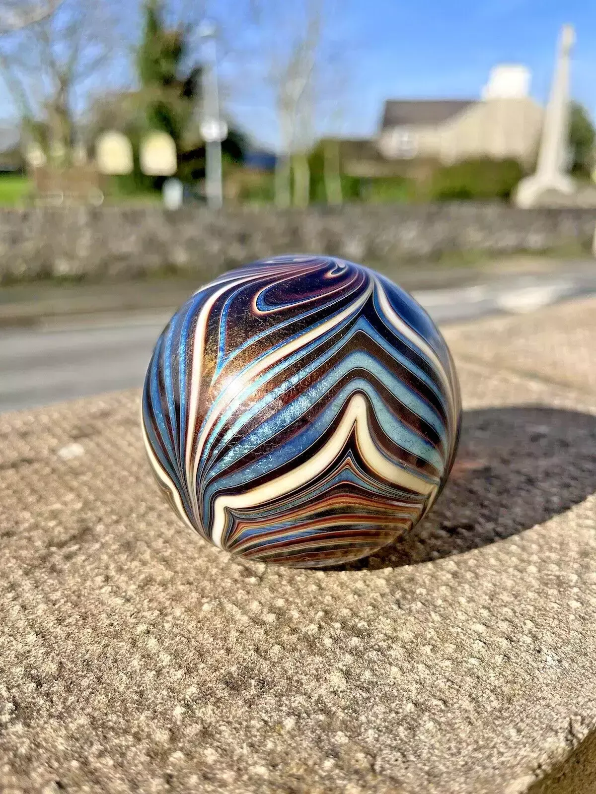 C1981 Iridescent Okra Spinarette Swirl Studio Glass Paperweight Richard Golding photo for sale