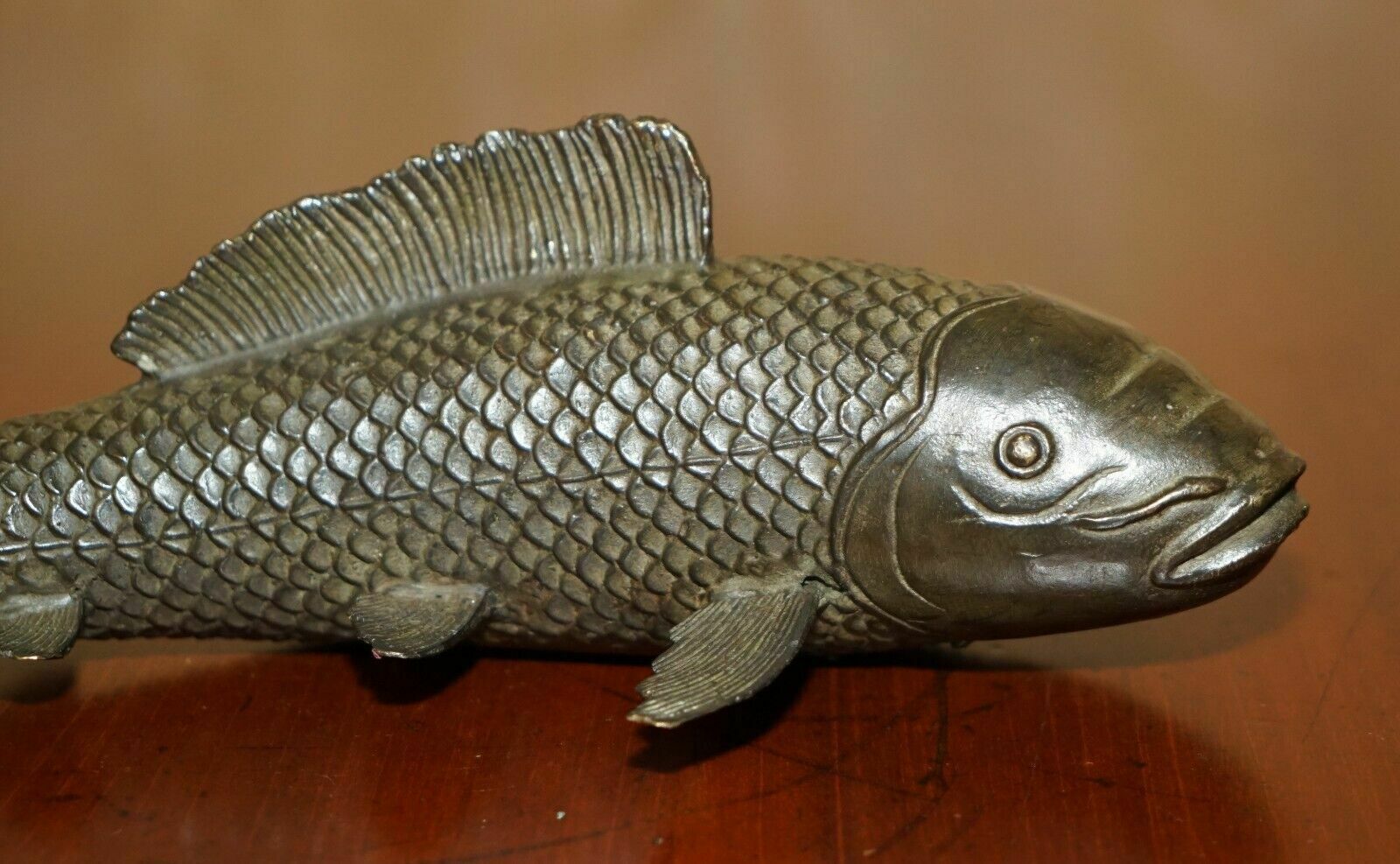 Antique Solid Bronze Japanese Koi Carp Statue Of A Wonderfully Elegant Fish photo Art