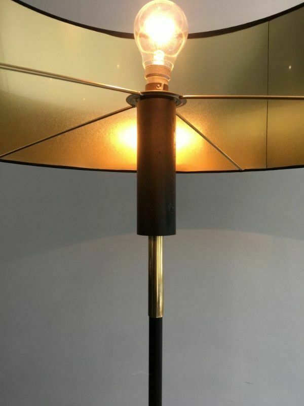 Designer Parquet Floor Lamp In Black Lacquered Metal And Brass photo for sale