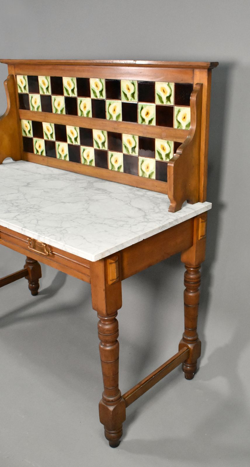 photo vintage English Edwardian Tile Back Marble Top Washstand In Birch