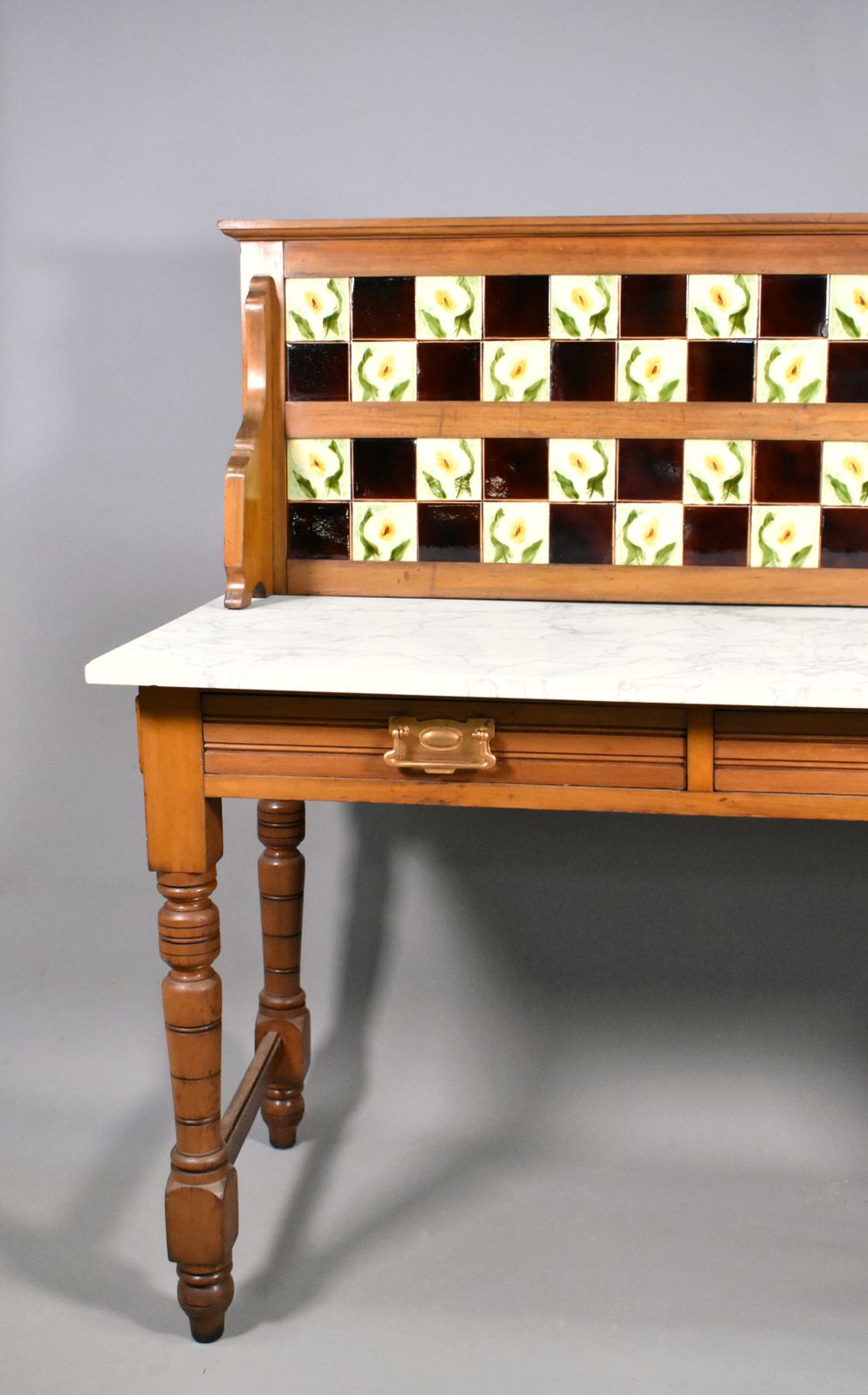 English Edwardian Tile Back Marble Top Washstand In Birch photo vinterior