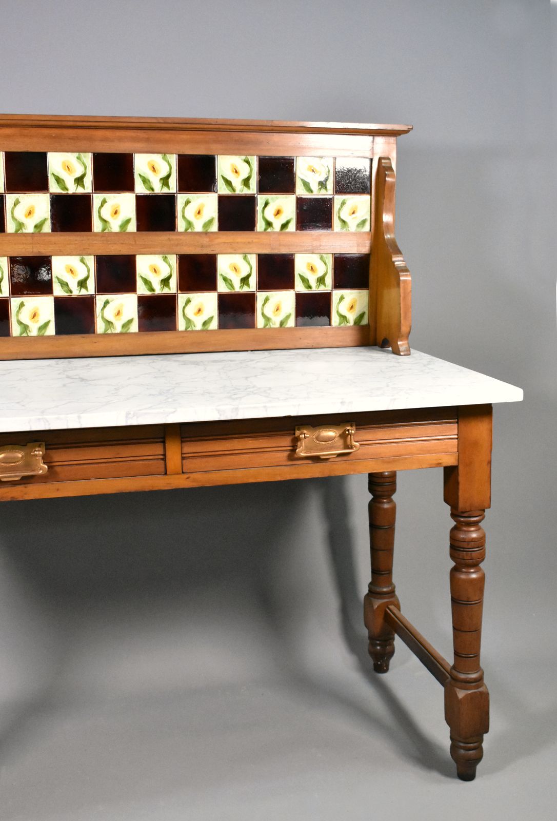 English Edwardian Tile Back Marble Top Washstand In Birch photo buy