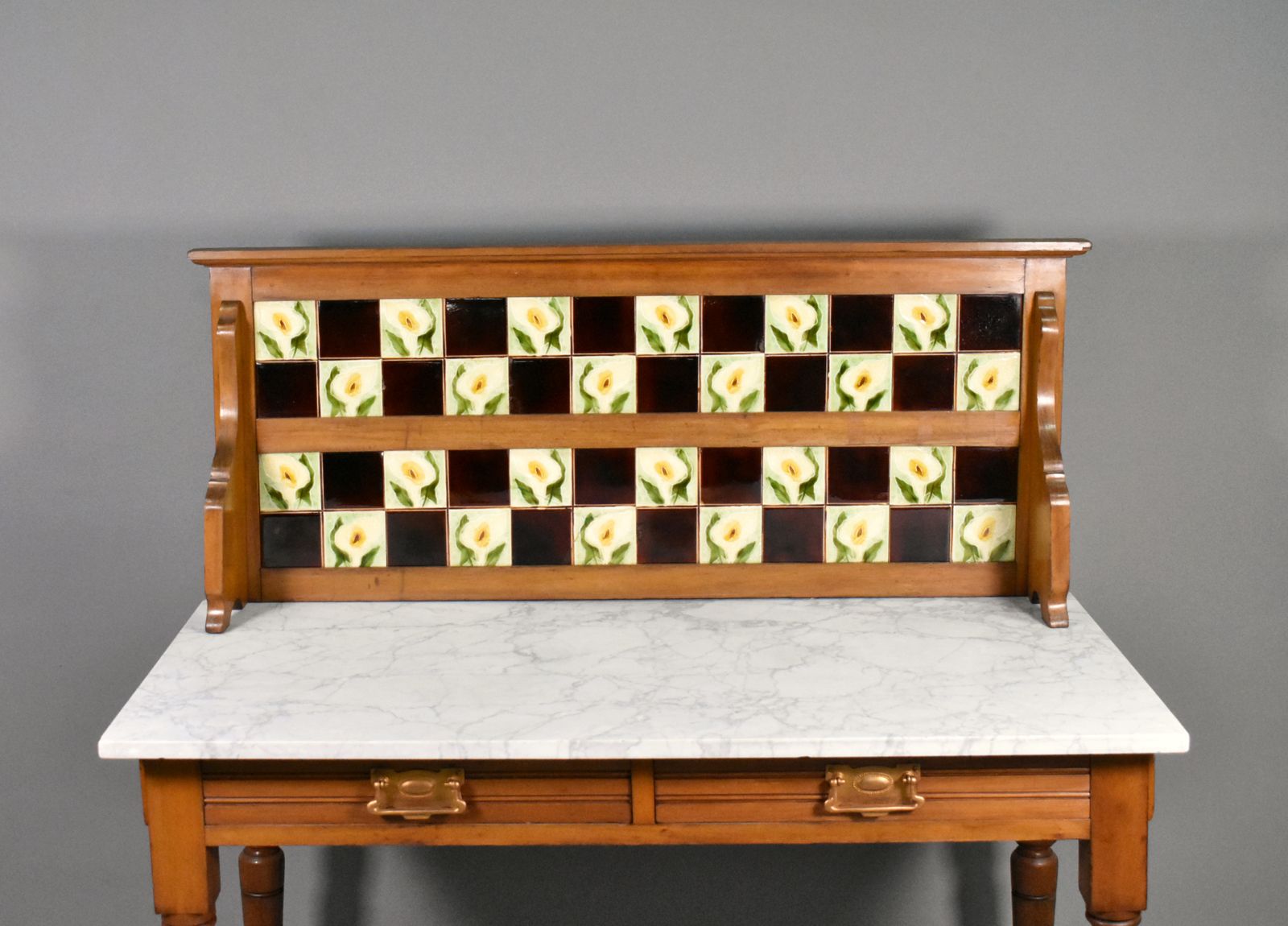 English Edwardian Tile Back Marble Top Washstand In Birch photo Furniture
